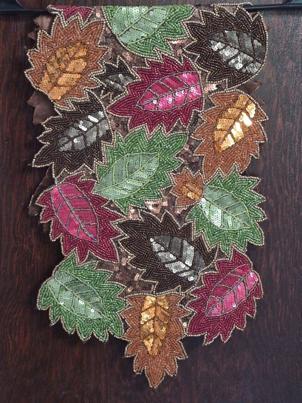 Pier 1 Beaded Sequin Leaf Table Runner in Green, Pink, Gold, Brown, Gray